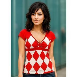 Vintage 90s Forever 21 Cherry Red/White Argyle V-Neck Top